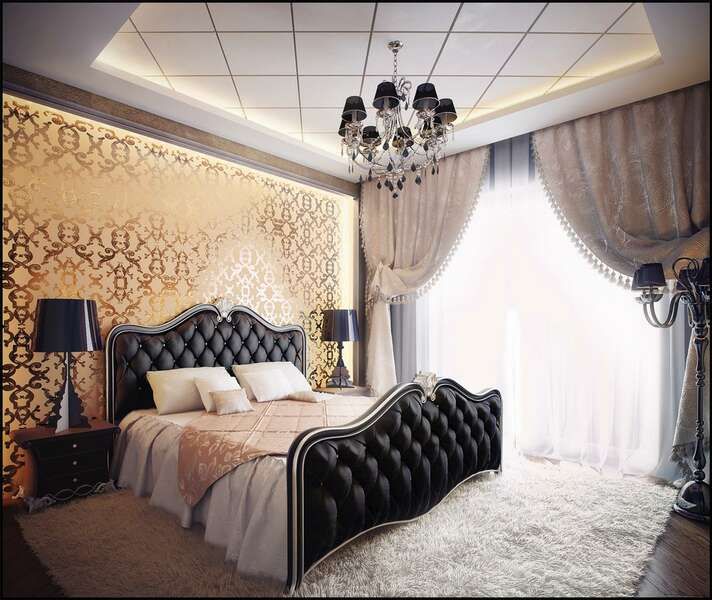 Спальня ар-деко, чёрная кровать, стена с золотистыми обоями, контраст