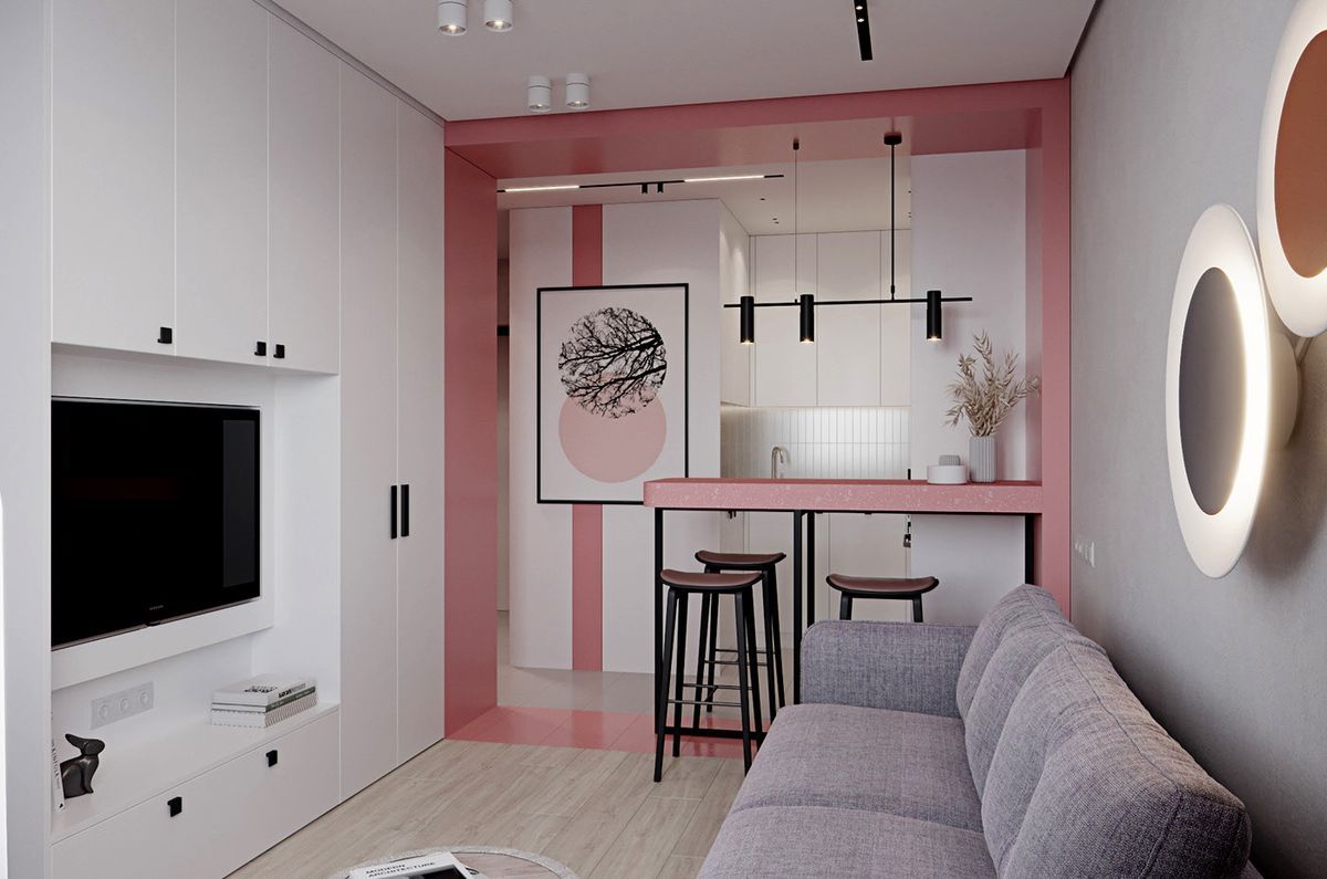 Кухня-гостиная в стиле минимализм, разделение цветной полосой, телевизор в нише