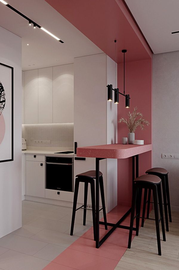 Разделение кухни и гостиной розовой полосой, барная стойка на границе, минимализм