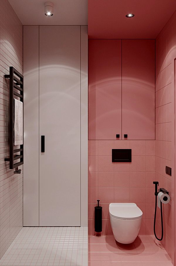 Бело-розовая в ванной, разделение цветом на две части, зона унитаза розовая