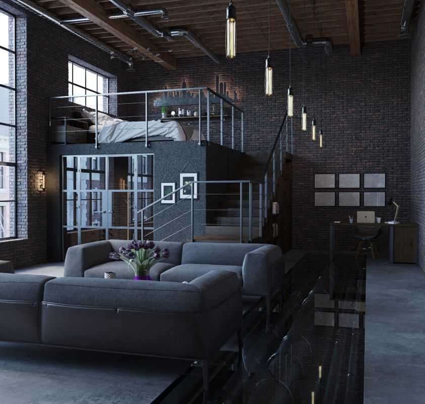 Чёрный интерьер студии с высоким потолком, стиль лофт