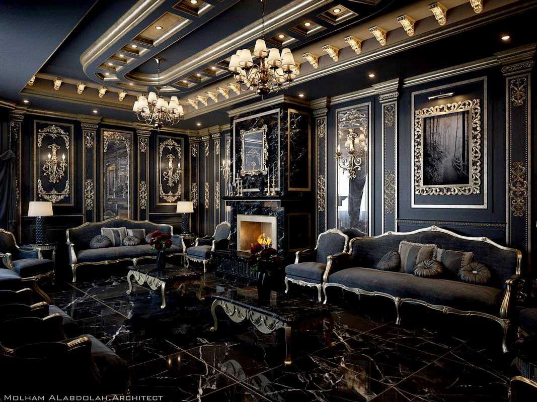 Современная классика, французский стиль, чёрный зал и декор из золота