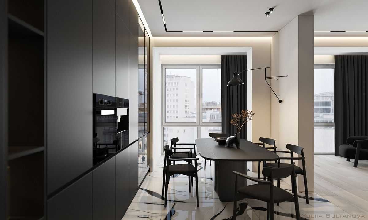 Чёрно белая кухня, чёрная мебель, белый мраморный пол и белые стены, минимализм