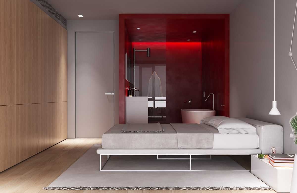 Спальня в стиле минимализм, ванная встроена в спальню красным модулем