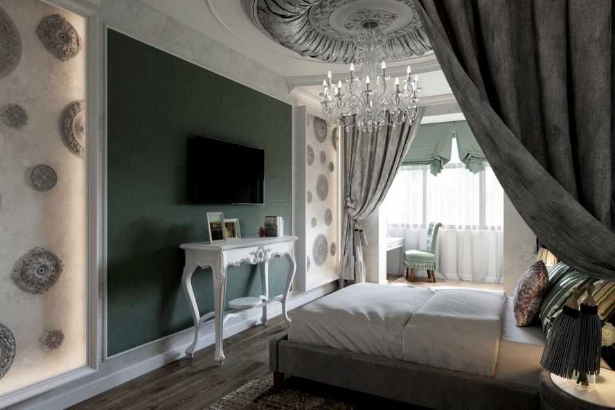 спальня для девочки подростка в классическом стиле, балдахин, зелёная стена