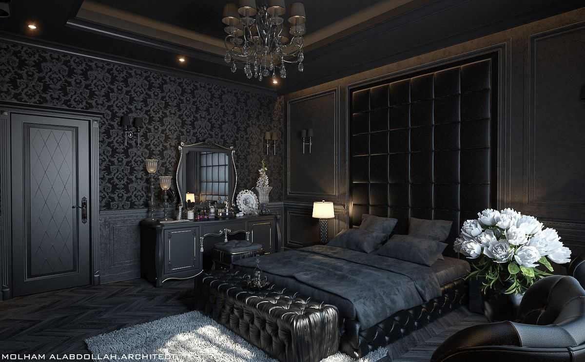 Интерьер чёрной классической спальня, кожаные детали, чёрные обои