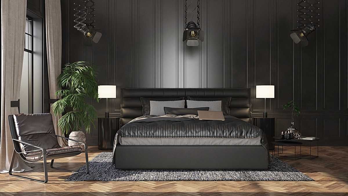 Интерьер чёрной спальни, деревянные стеновые панели за кроватью, серый ковёр