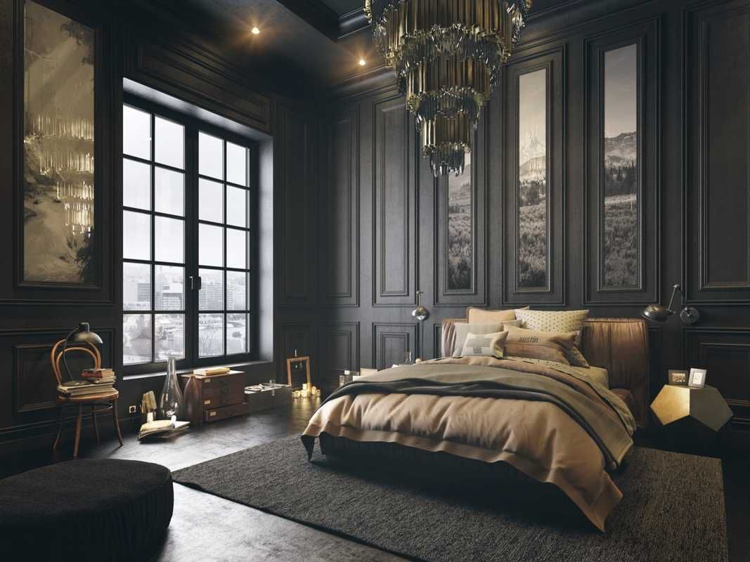 классическая тёмная спальня, чёрные стеновые панели за кроватью