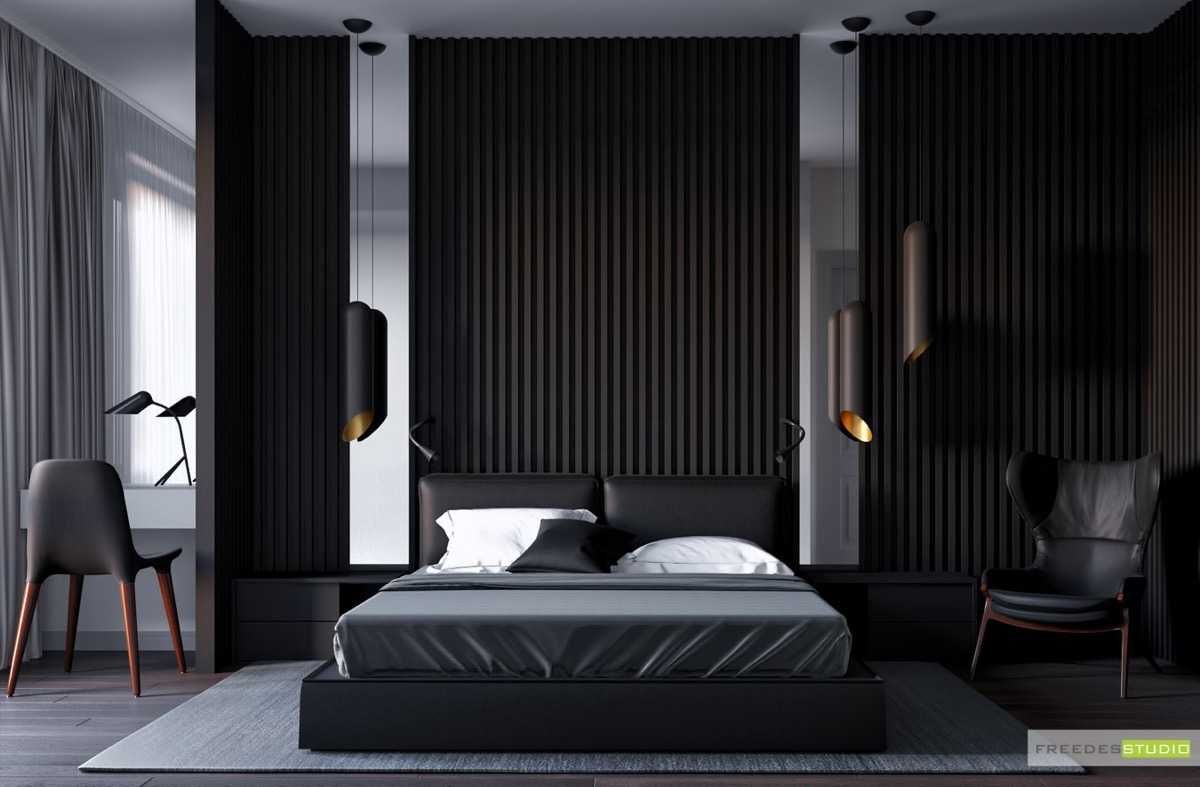 Черная спальня. Интерьер спальни в черном цвете (75 фото)