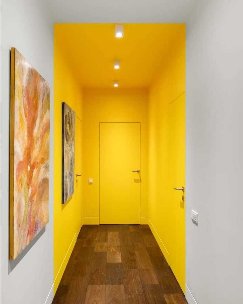 Зонирование цветом прихожей-коридора, грязная зона жёлтая, на стене картины