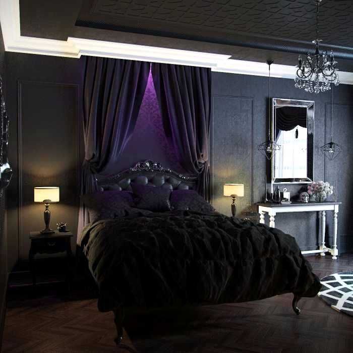 Спальня в стиле мистической готики, чёрный и фиолетовый