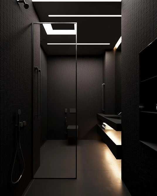 Чёрная маленькая ванная в стиле минимализм, с белой подсветкой