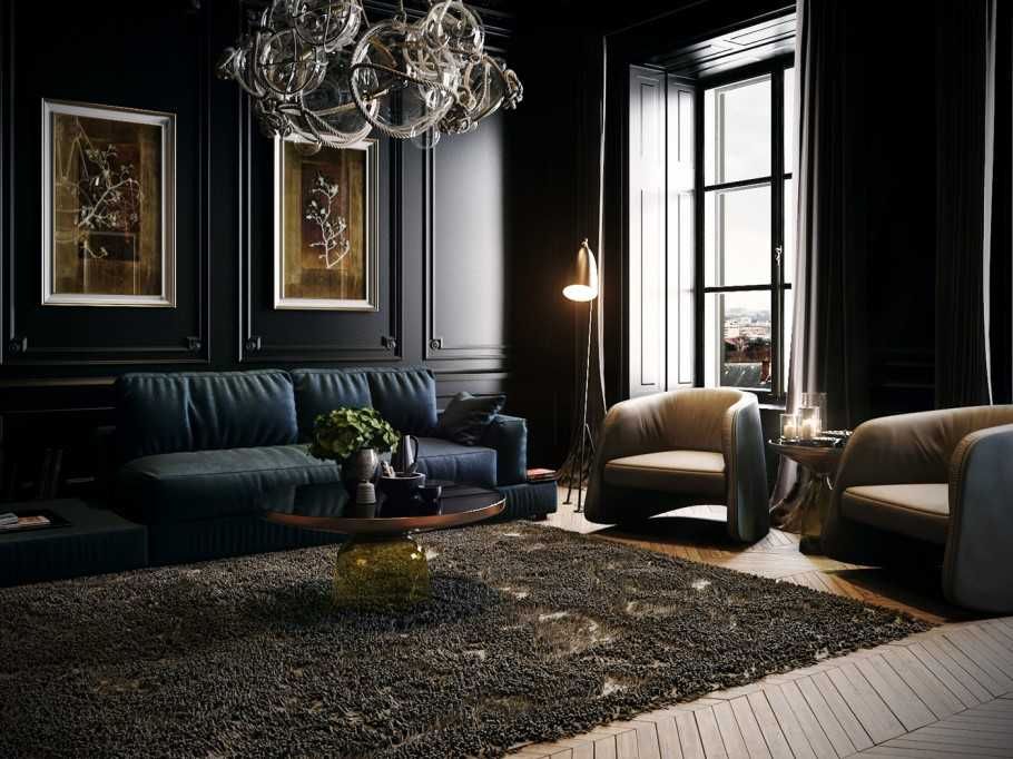 классическая гостиная в тёмных тонах, современный диван и кресла