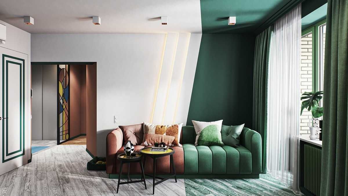 Гостиная зонирование цветом, двухцветный диван, зелёная зона ТВ 