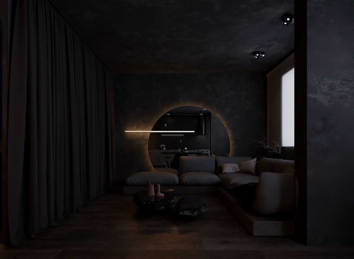 черный цвет в интерьере гостиной, стиль минимализм, зеркало за диваном