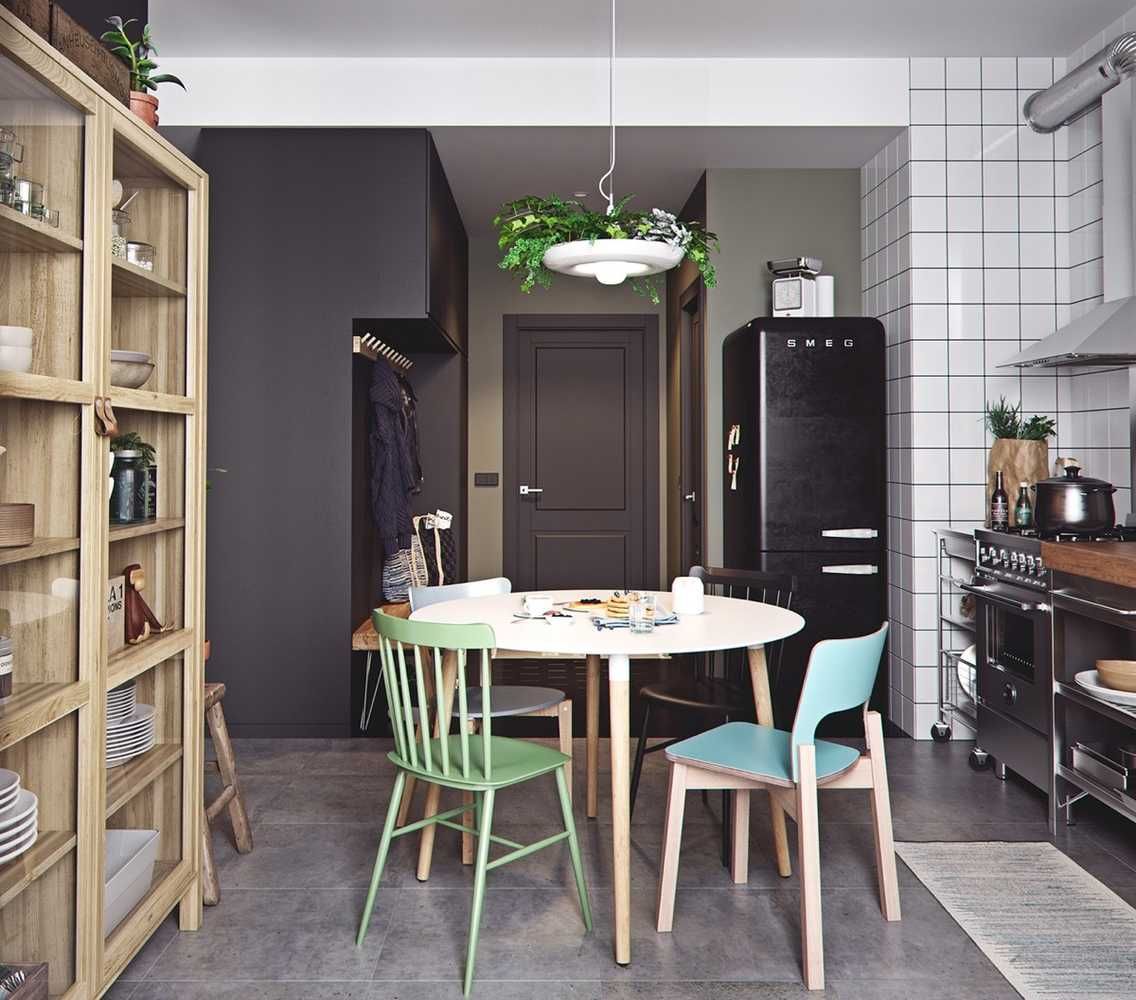 прихожая совмещённая с кухней в скандинавском стиле, чёрный шкаф и холодильник
