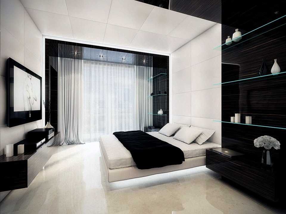 Чёрно белая спальня, белая зона кровати в центре, современный дизайн