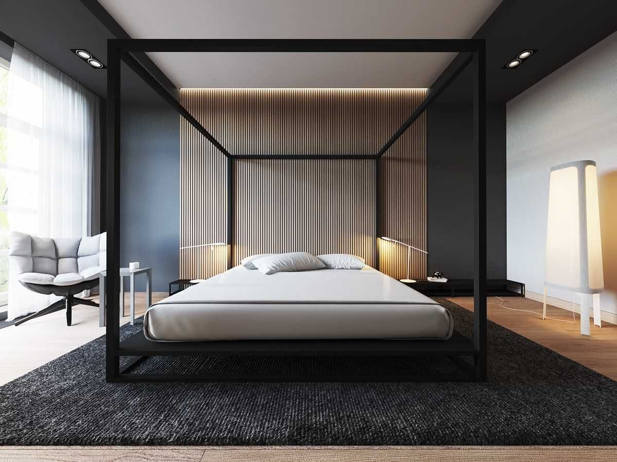 современная спальня, тёмно-синий ковёр и стены, деревянный пол, каркас кровати