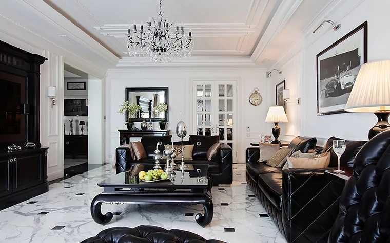 Классический стиль в гостиной с чёрной мебелью и белыми стенами и потолком