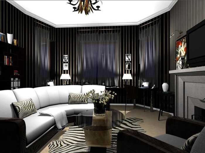 Тёмная гостиная с белым потолком, чёрными стенами и чёрными шторами, светлый диван