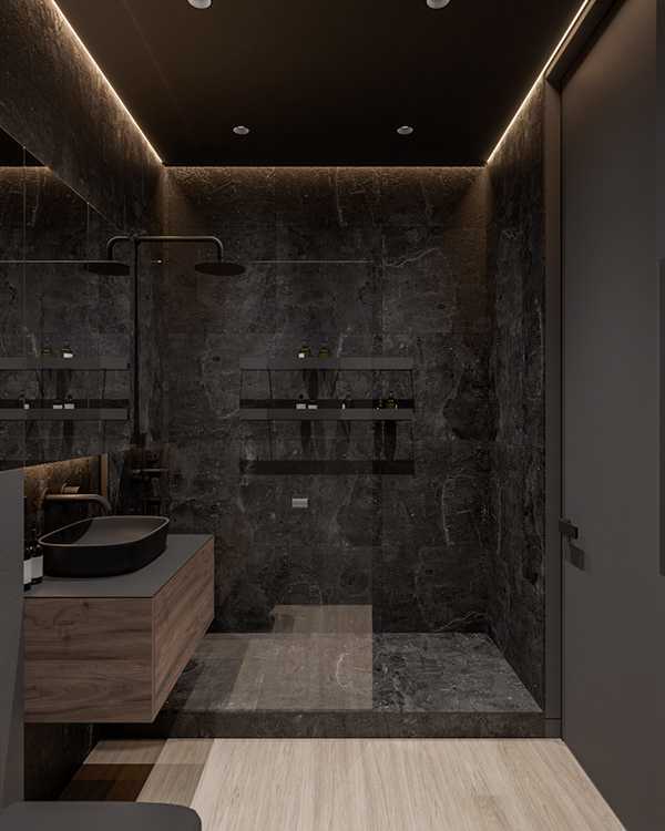 Современная чёрная ванная, тёмные стены в душевой кабине, керамогранит