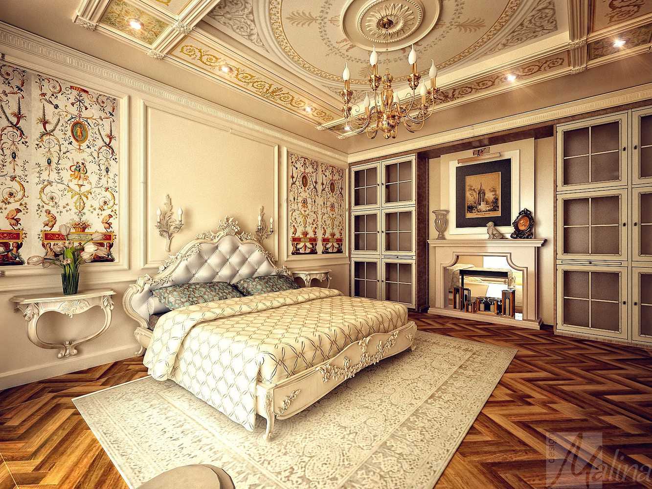 дворцовый интерьер спальни в стиле барокко, лепнина на потолке, роспись на стене за кроватью
