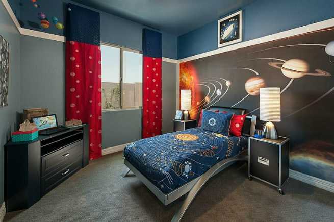 Детская комната, тема космос, синий, чёрный и красный цвета, планеты на стене