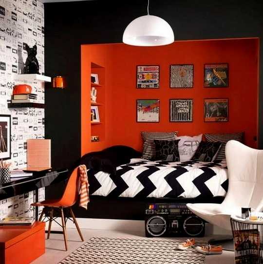 Детская комната, красный-чёрный-белый, рабочее место и кровать