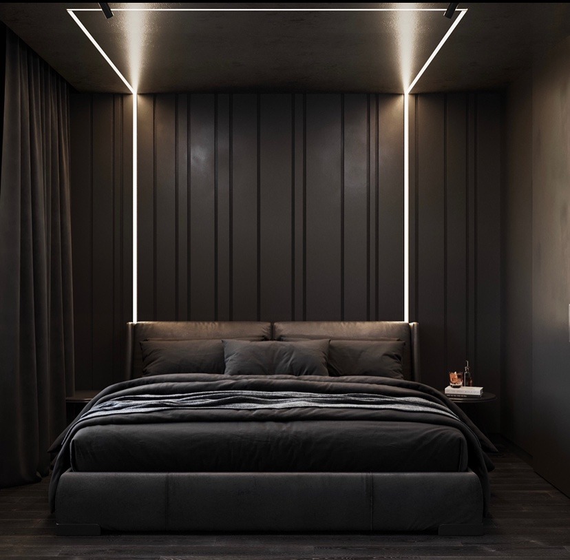 линейная подсветка зоны кровати в чёрной спальне 