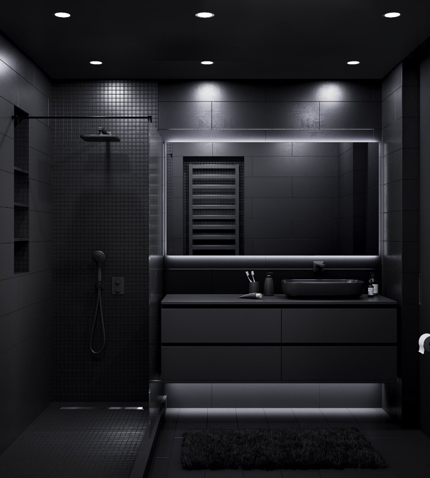 Чёрный интерьер ванной, зеркало над раковиной с подсветкой, душевая кабина