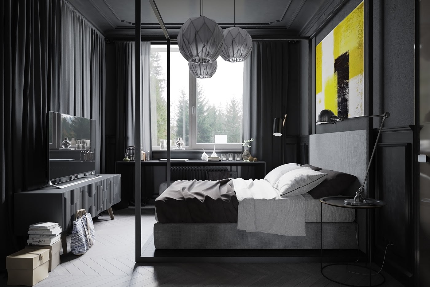 Чёрная спальня с жёлтой картиной над кроватью, стена с чёрными шторами