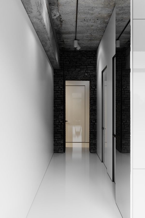 Чёрно белый коридор лофт, бетонный потолок