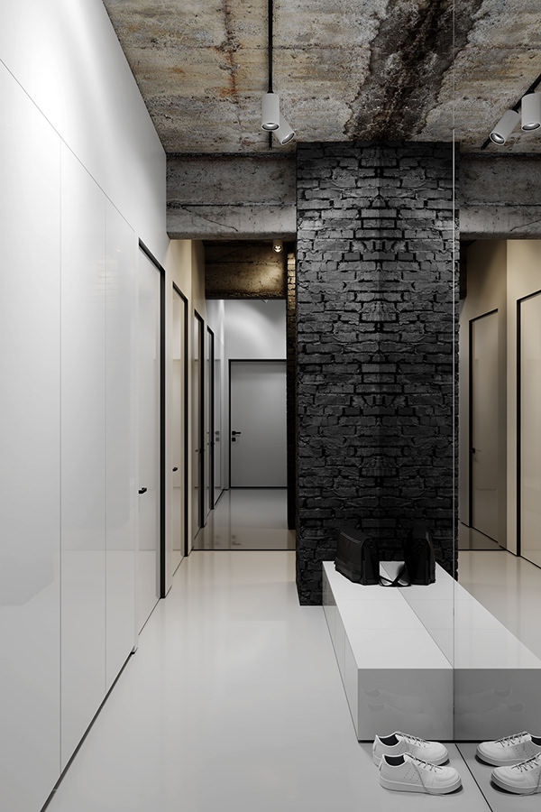 Чёрно-белая прихожая и коридор в стиле лофт, чёрная кирпичная стена