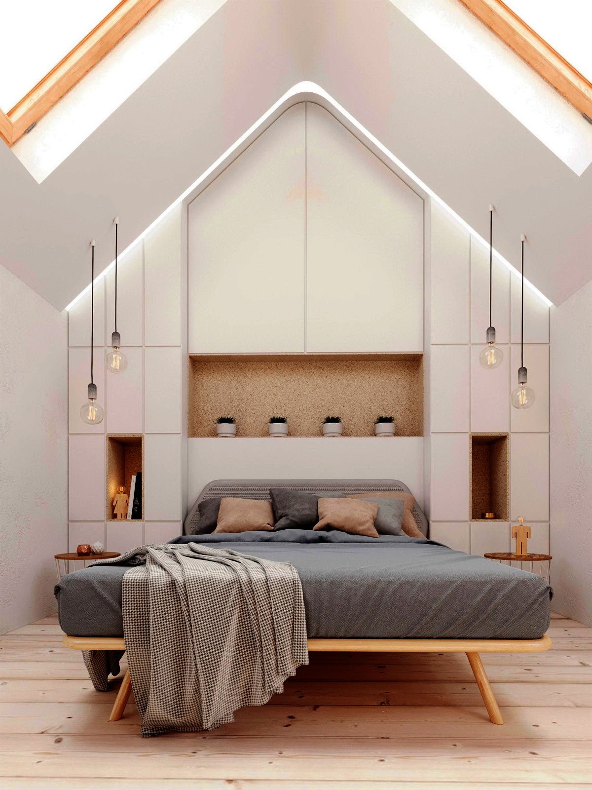 современная белая спальня в мансарде, мебель за кроватью