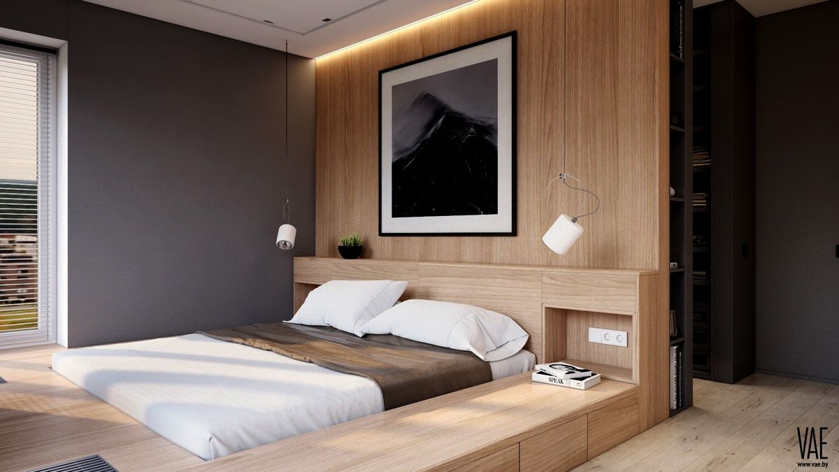 гардеробная за перегородкой в спальне, картина чёрно-белая над кроватью, деревянная зона кровати