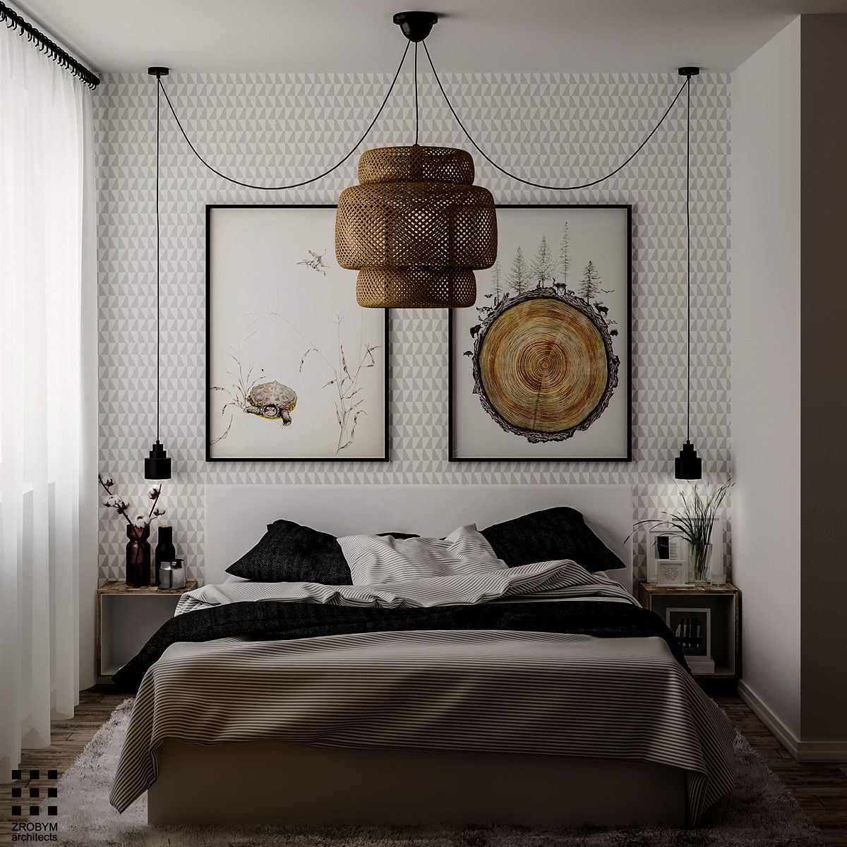 белая спальня, стена за кроватью с обоями и две картины, дизайнерская люстра