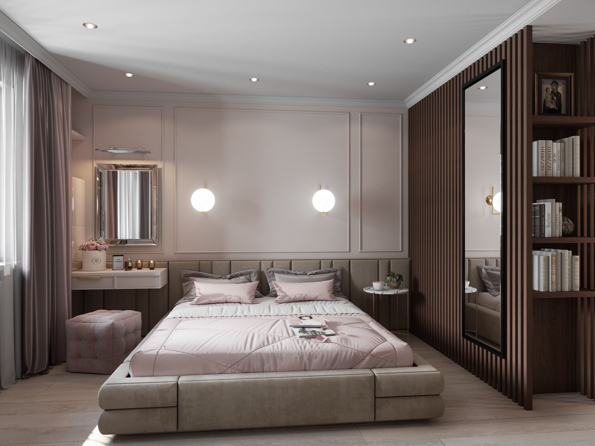 классическая спальня с молдингами на стене за кроватью, нейтральные цвета, реечная стена