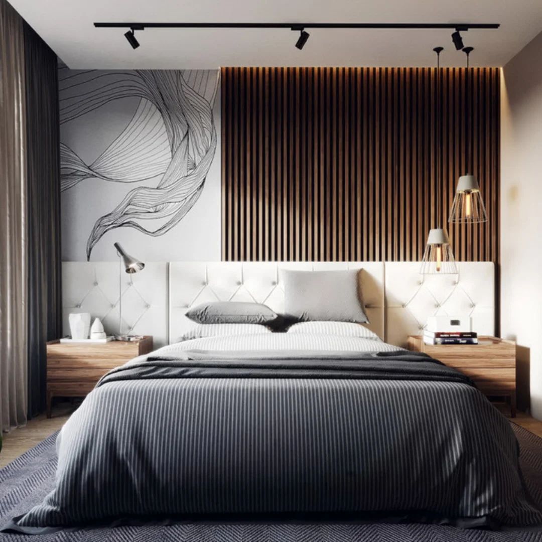 современная спальня с абстрактной картиной над кроватью, реечная стена