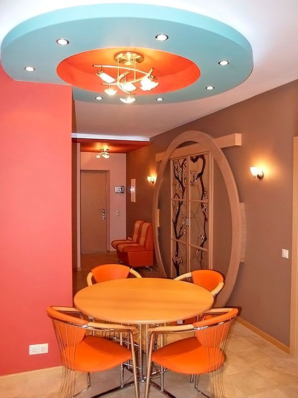 яркая кухня, зона столовой, цветной круглый потолок из гипсокартона над столом