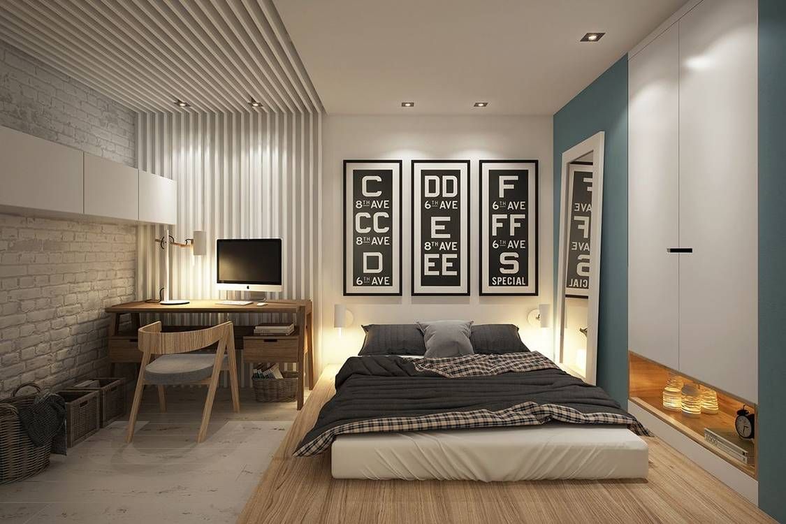 Современная спальня и рабочее место, отделка стен рейками и зонирование цветом